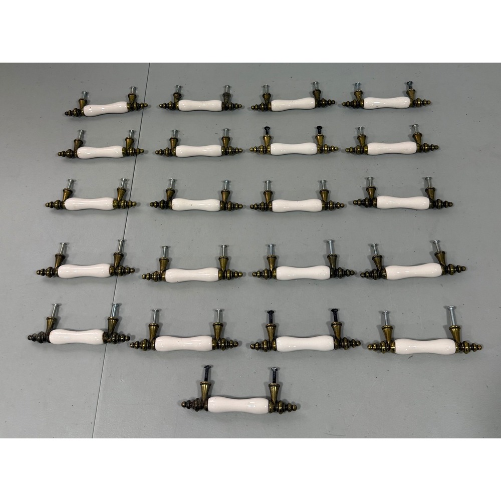 Vintage White Ceramic Brass Drawer Pulls French Country 21 Cabinet Handles